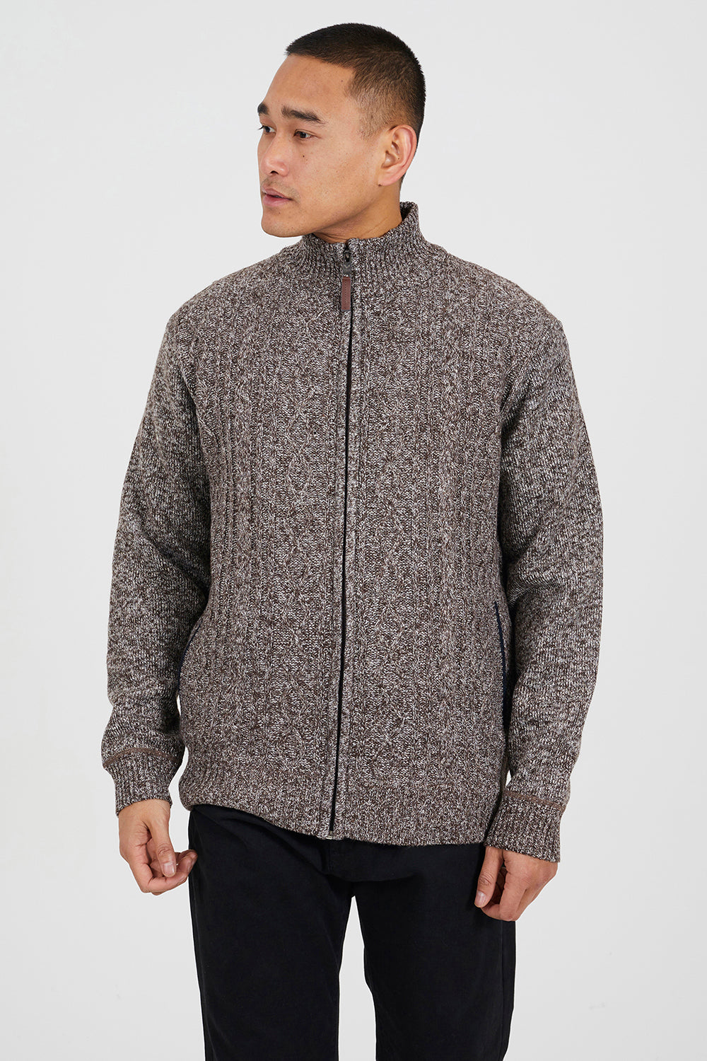 Brave Soul Brown Funnel Neck Waffle Knit Zip Through Cardigan - Brown Image 1