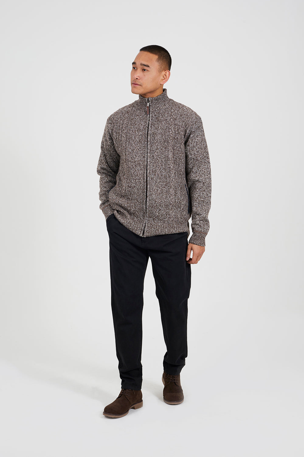 Brave Soul Brown Funnel Neck Waffle Knit Zip Through Cardigan - Brown Image 3