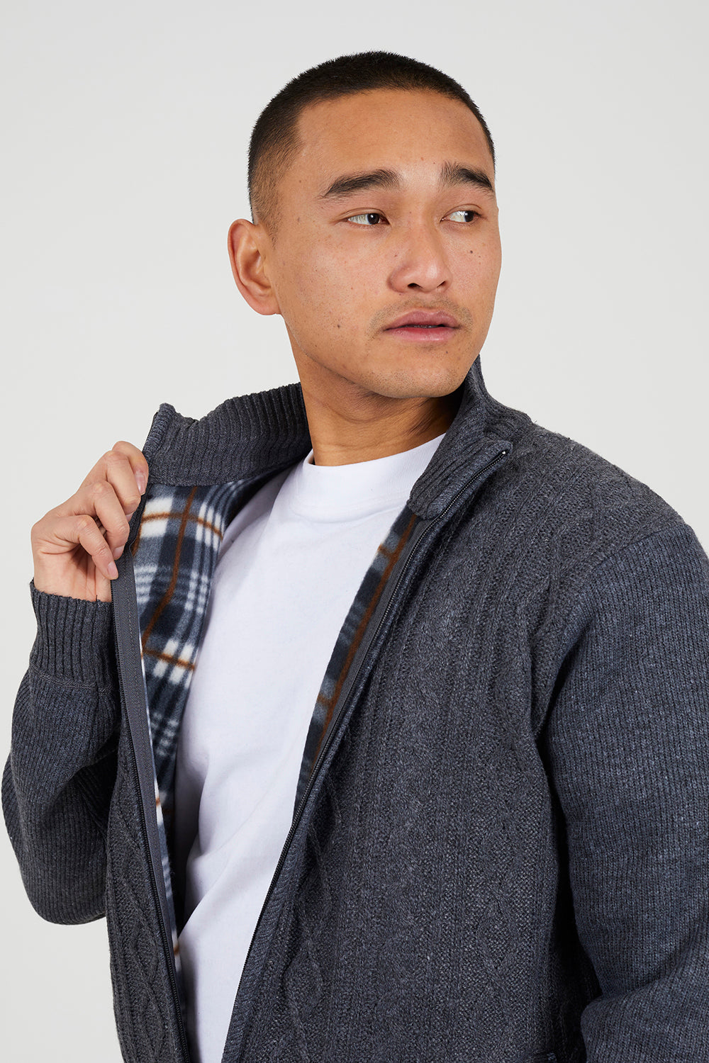 Brave Soul Charcoal Funnel Neck Waffle Knit Zip Through Cardigan - Charcoal Image 4