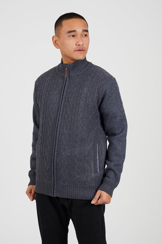 Brave Soul Charcoal Funnel Neck Waffle Knit Zip Through Cardigan - Charcoal Image 1