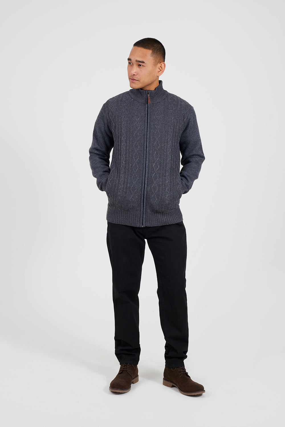 Brave Soul Charcoal Funnel Neck Waffle Knit Zip Through Cardigan - Charcoal Image 3
