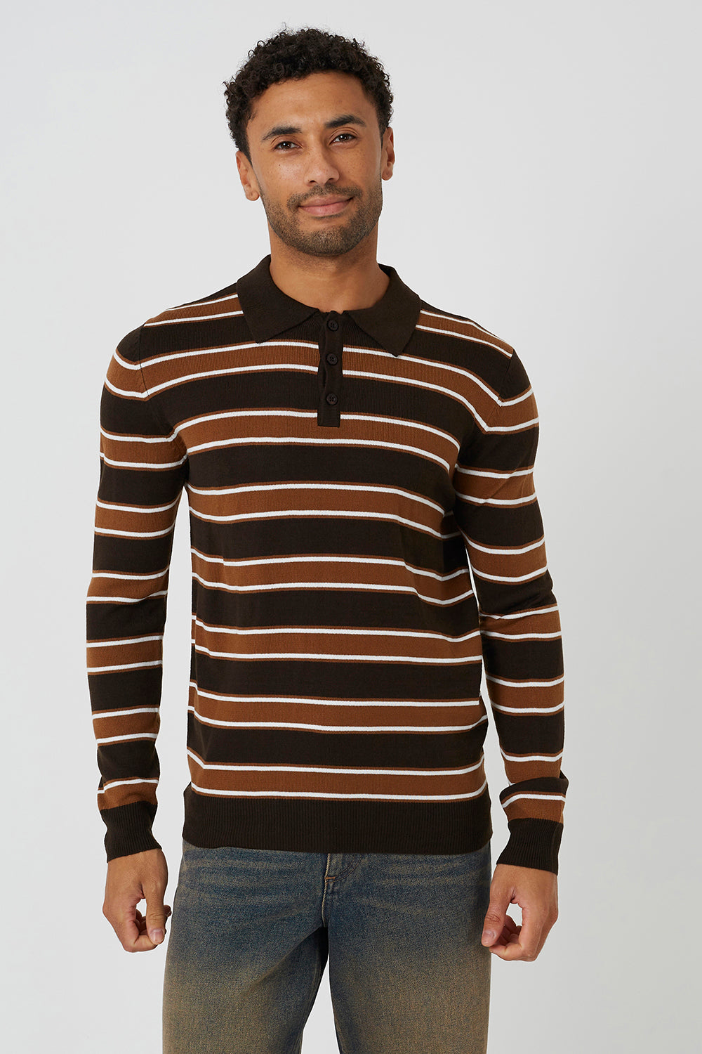 Brave Soul Chocolate Knitted Polo Neck Jumper - Chocolate Image 1