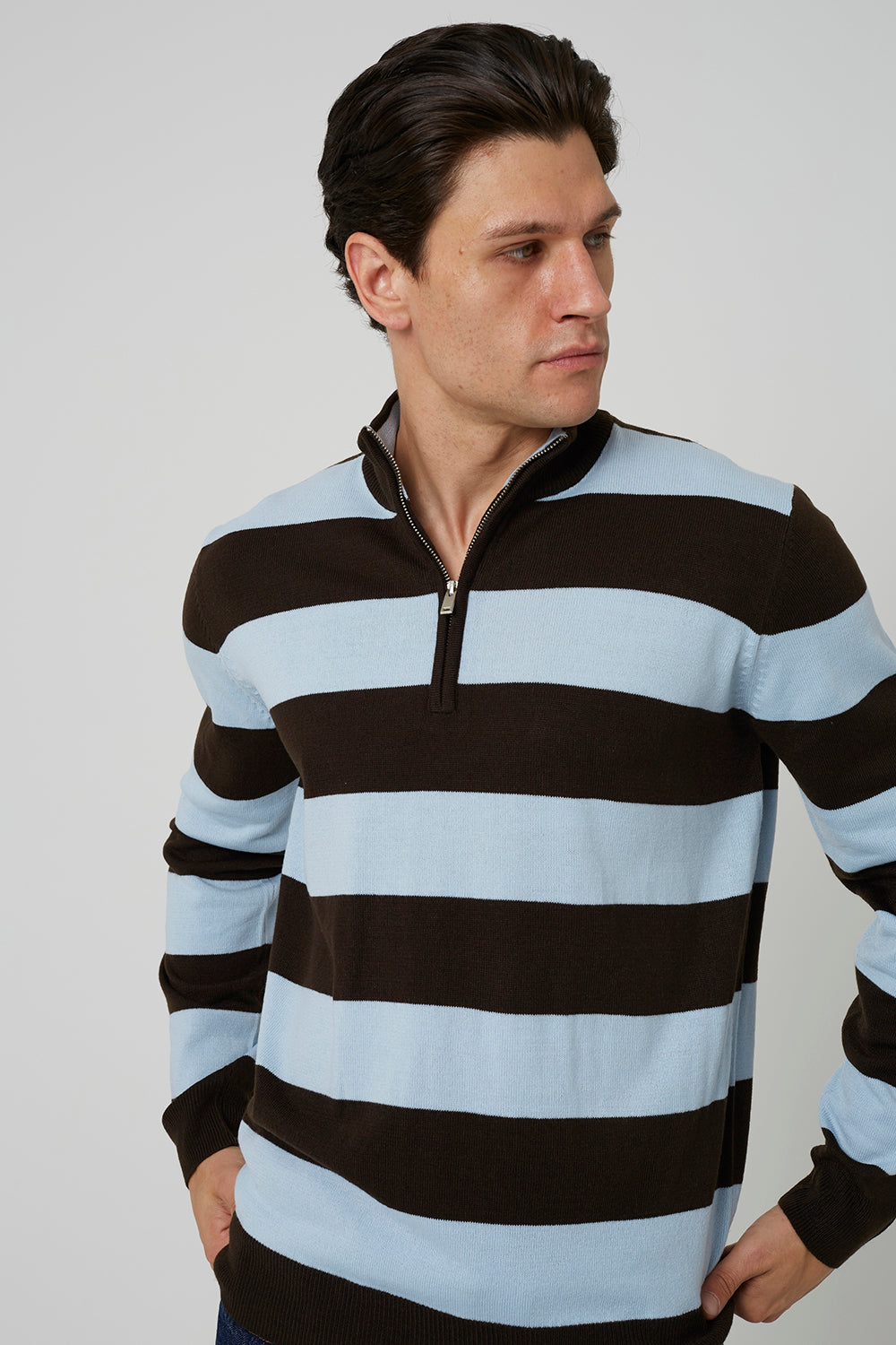 Brave Soul Chocolate Stripe Funnel Neck Quarter Zip Jumper - Chocolate Image 4