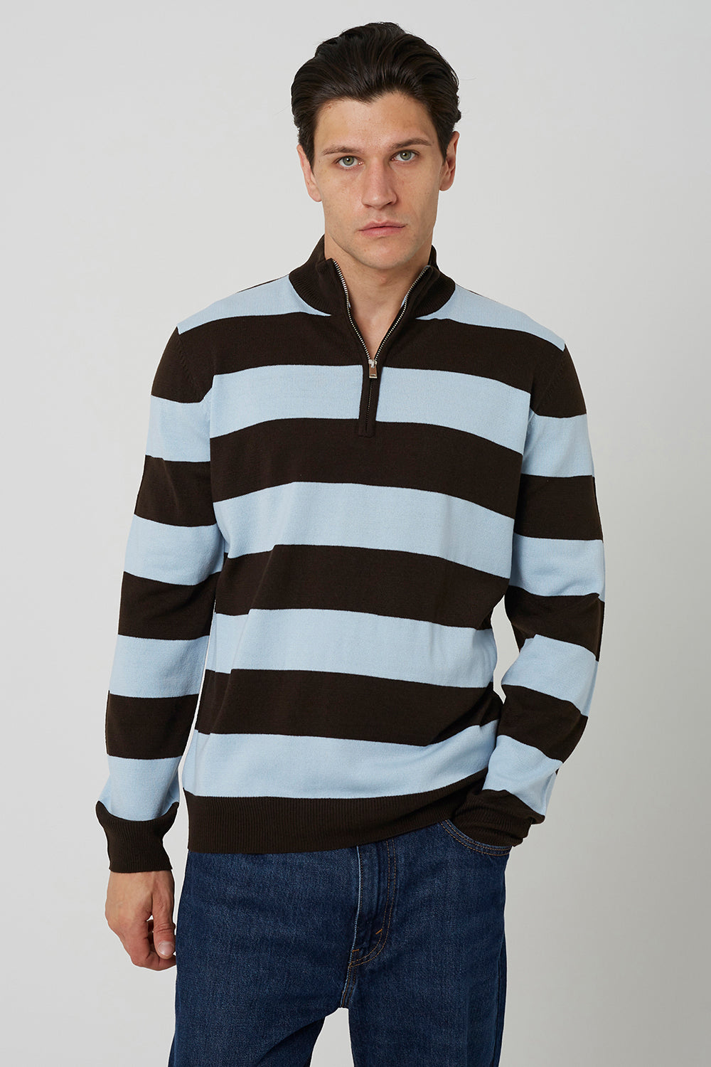 Brave Soul Chocolate Stripe Funnel Neck Quarter Zip Jumper - Chocolate Image 1