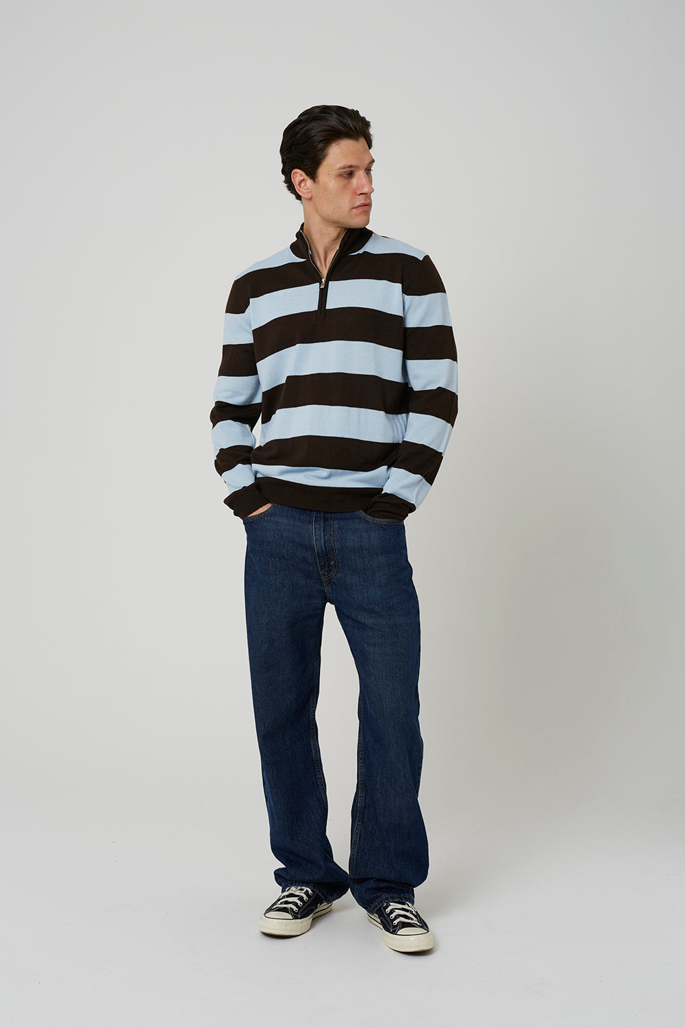 Brave Soul Chocolate Stripe Funnel Neck Quarter Zip Jumper - Chocolate Image 3