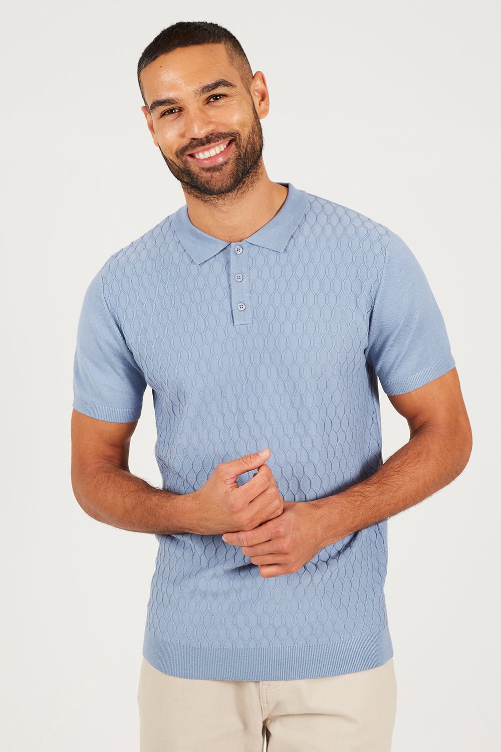 Brave Soul Light Blue Short Sleeve Knitted Polo Shirt - Light Blue Image 1