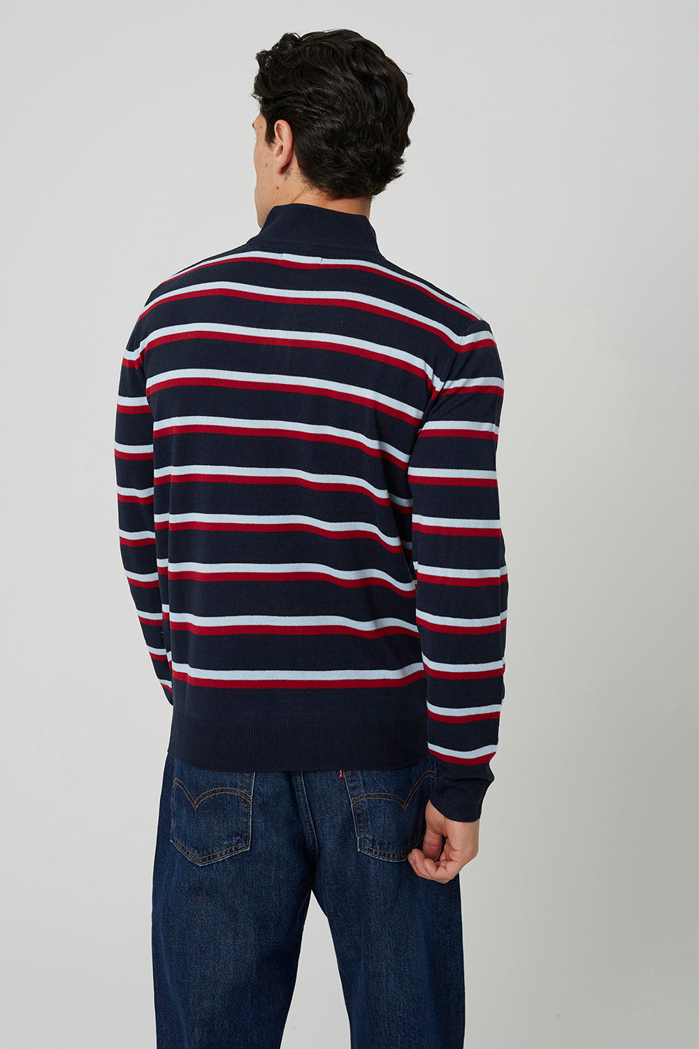 Brave Soul Navy Quarter Zip Stripe Knitted Jumper - Navy Image 2