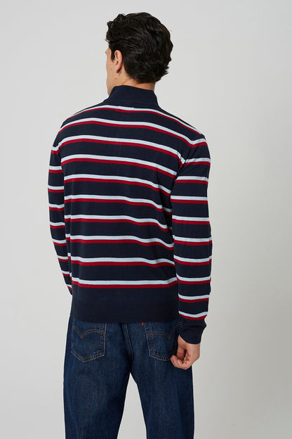 Brave Soul Navy Quarter Zip Stripe Knitted Jumper - Navy Image 2