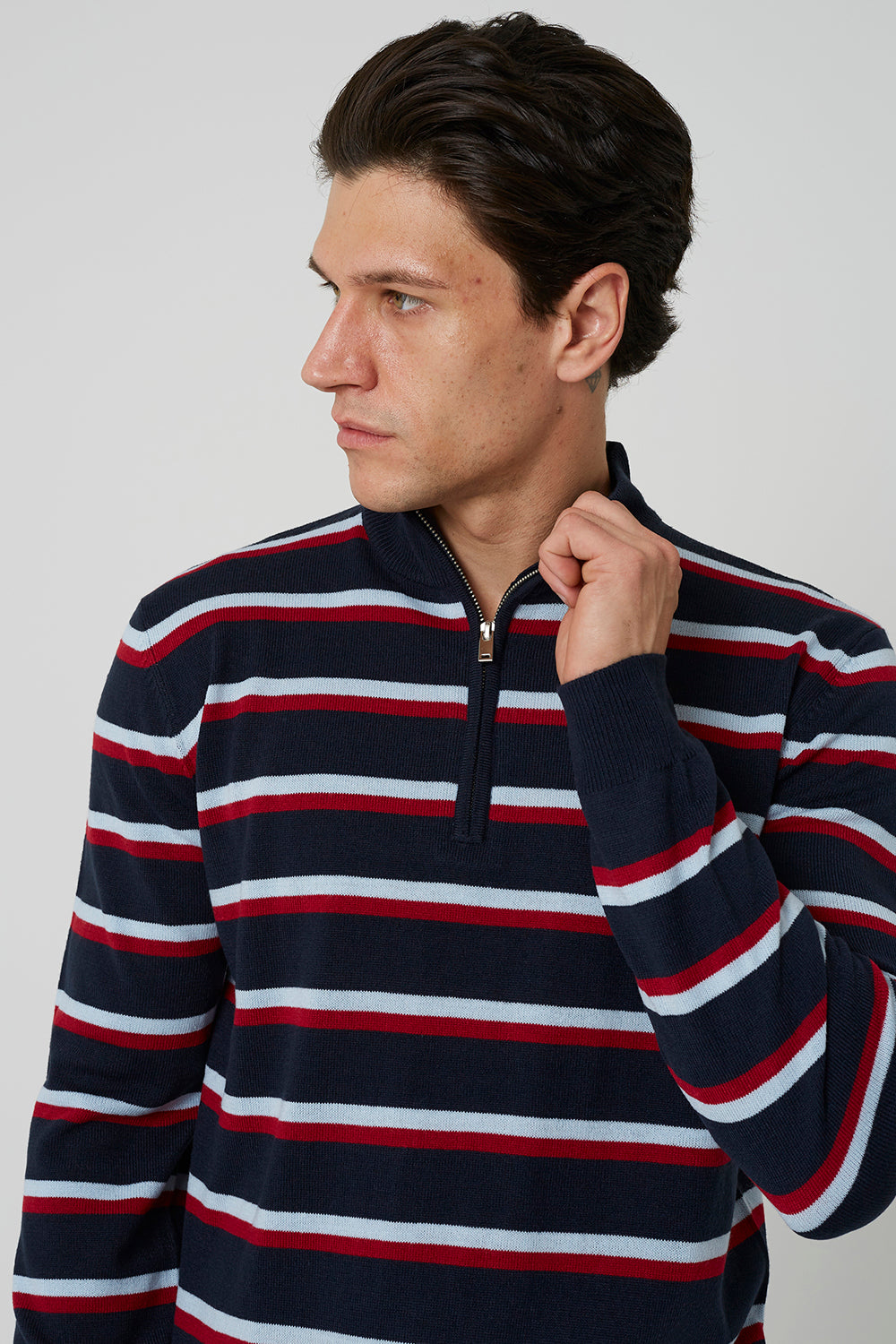 Brave Soul Navy Quarter Zip Stripe Knitted Jumper - Navy Image 4
