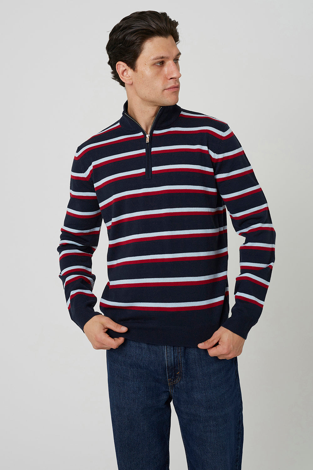 Brave Soul Navy Quarter Zip Stripe Knitted Jumper - Navy Image 1