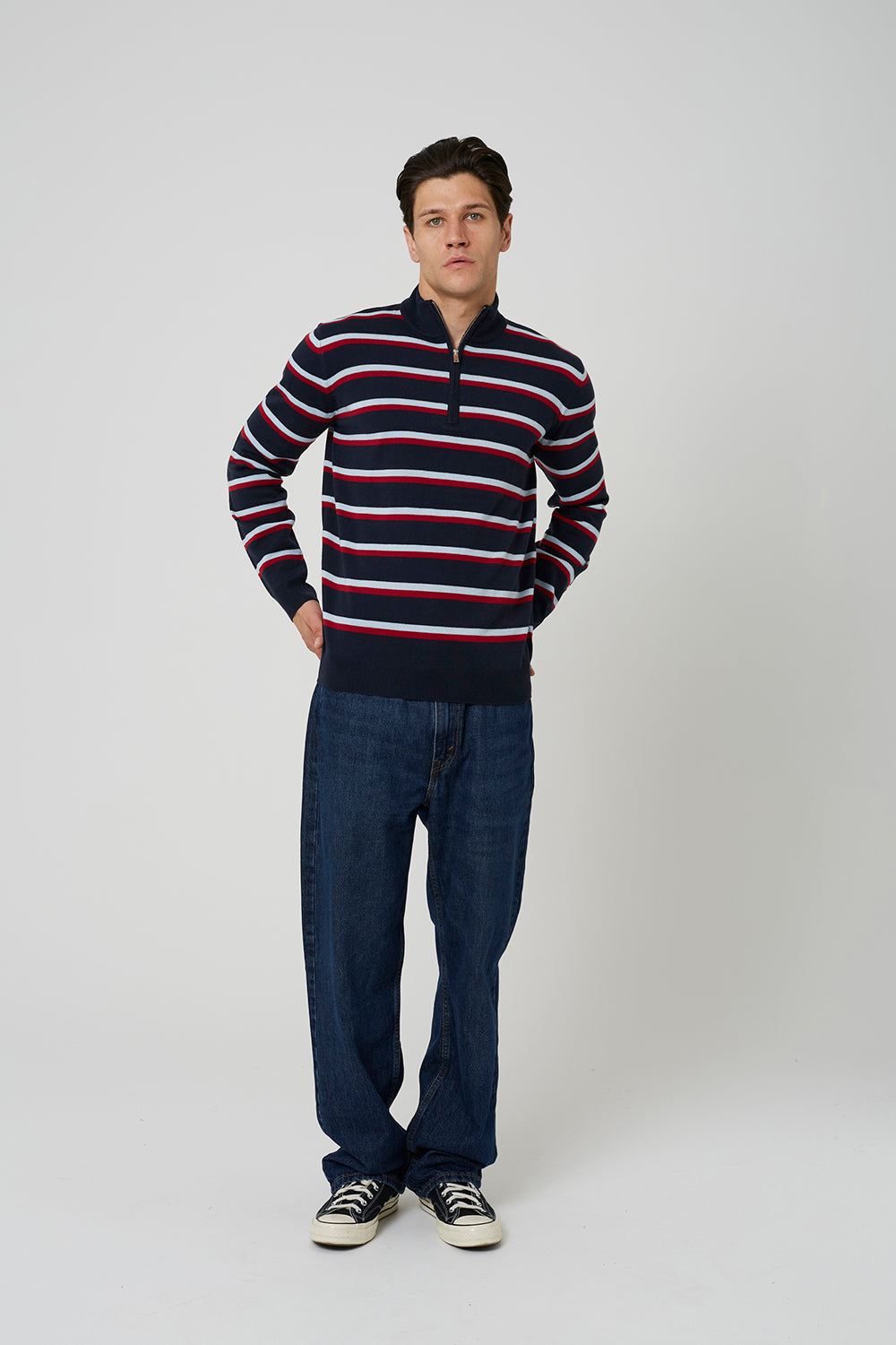 Brave Soul Navy Quarter Zip Stripe Knitted Jumper - Navy Image 3