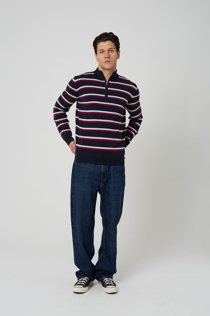 Brave Soul Navy Quarter Zip Stripe Knitted Jumper - Navy Image 3