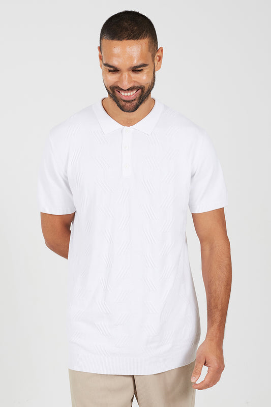 Brave Soul White Jacquard Knit Short Sleeve Polo Shirt - White Image 1