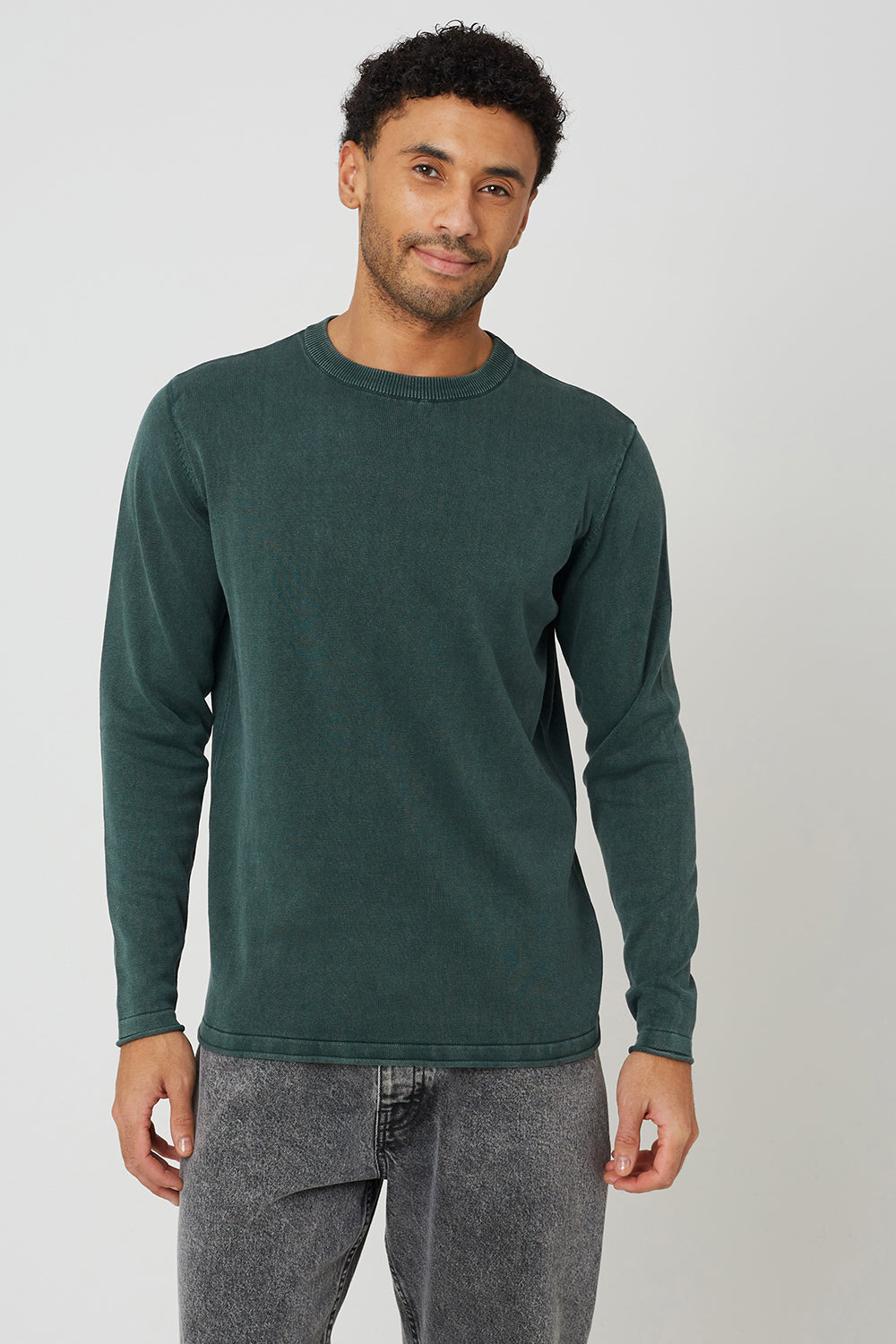 Brave Soul Dark Green Acid Wash Crew Neck Jumper - Dark Green Image 1