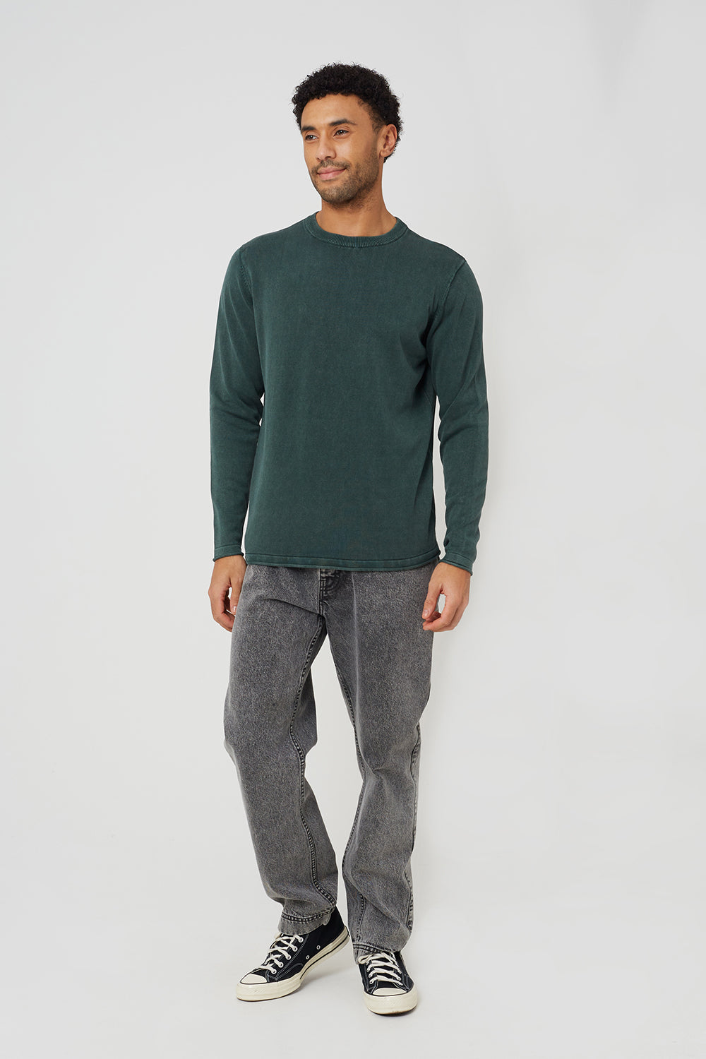 Brave Soul Dark Green Acid Wash Crew Neck Jumper - Dark Green Image 3