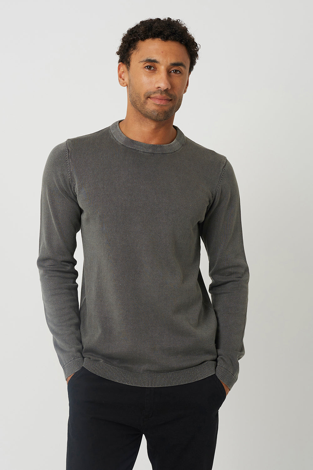 Brave Soul Grey Acid Wash Crew Neck Jumper - Grey Image 1