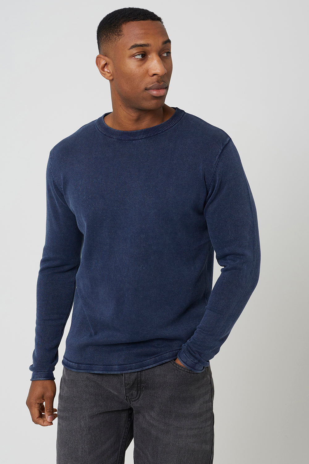 Brave Soul Blue Acid Wash Crew Neck Jumper - Blue Image 1