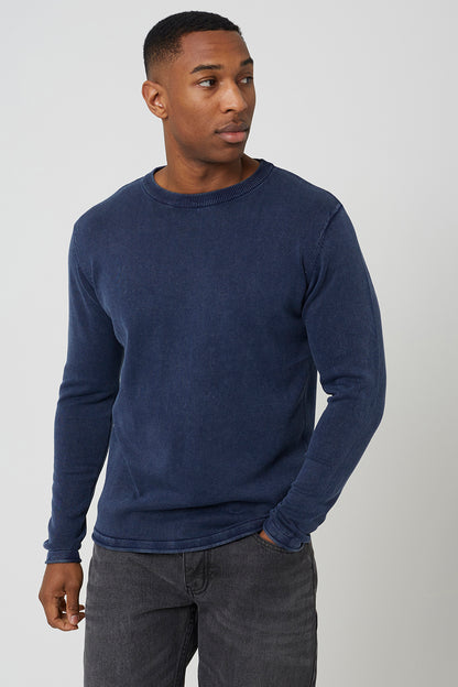 Brave Soul Blue Acid Wash Crew Neck Jumper - Blue Image 1