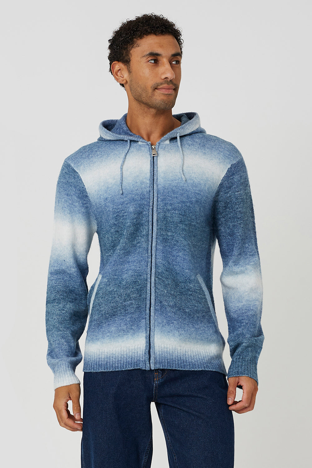 Brave Soul Blue Ombre Knitted Hoodie - Blue Image 1