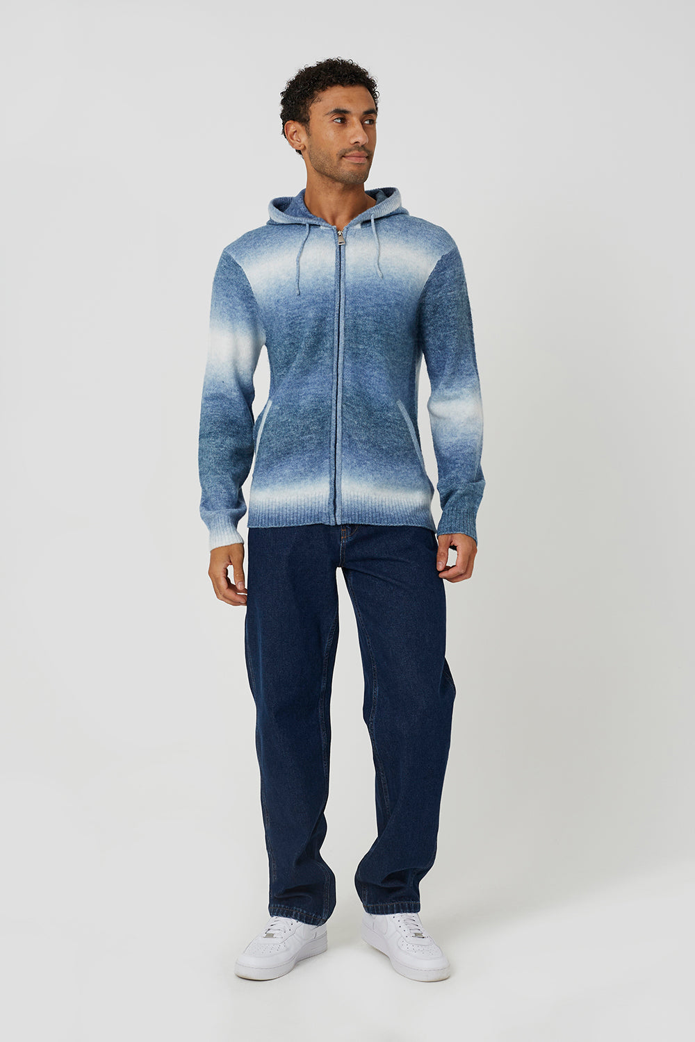 Brave Soul Blue Ombre Knitted Hoodie - Blue Image 3