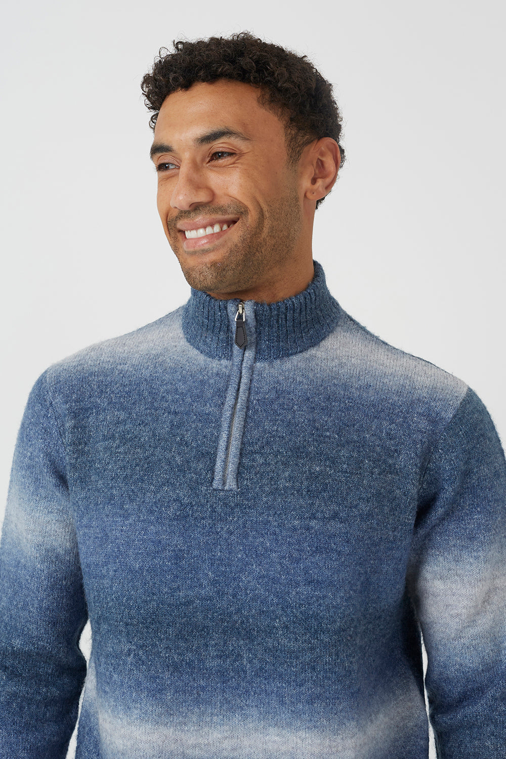 Brave Soul Blue Quarter Zip Ombre Knit Jumper - Blue Image 4