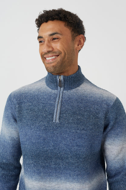 Brave Soul Blue Quarter Zip Ombre Knit Jumper - Blue Image 4
