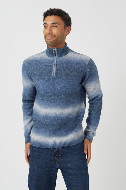 Brave Soul Blue Quarter Zip Ombre Knit Jumper - Blue Image 1