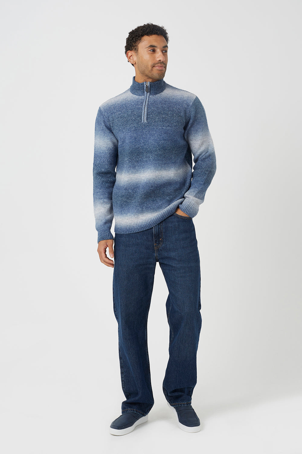 Brave Soul Blue Quarter Zip Ombre Knit Jumper - Blue Image 3