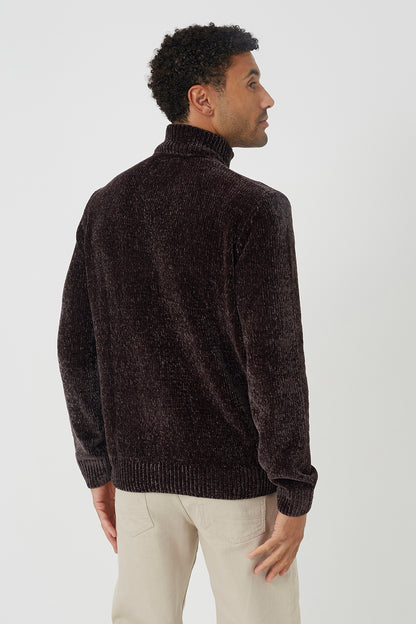 Brave Soul Chocolate Quarter Zip Chenille Knit Jumper - Chocolate Image 2