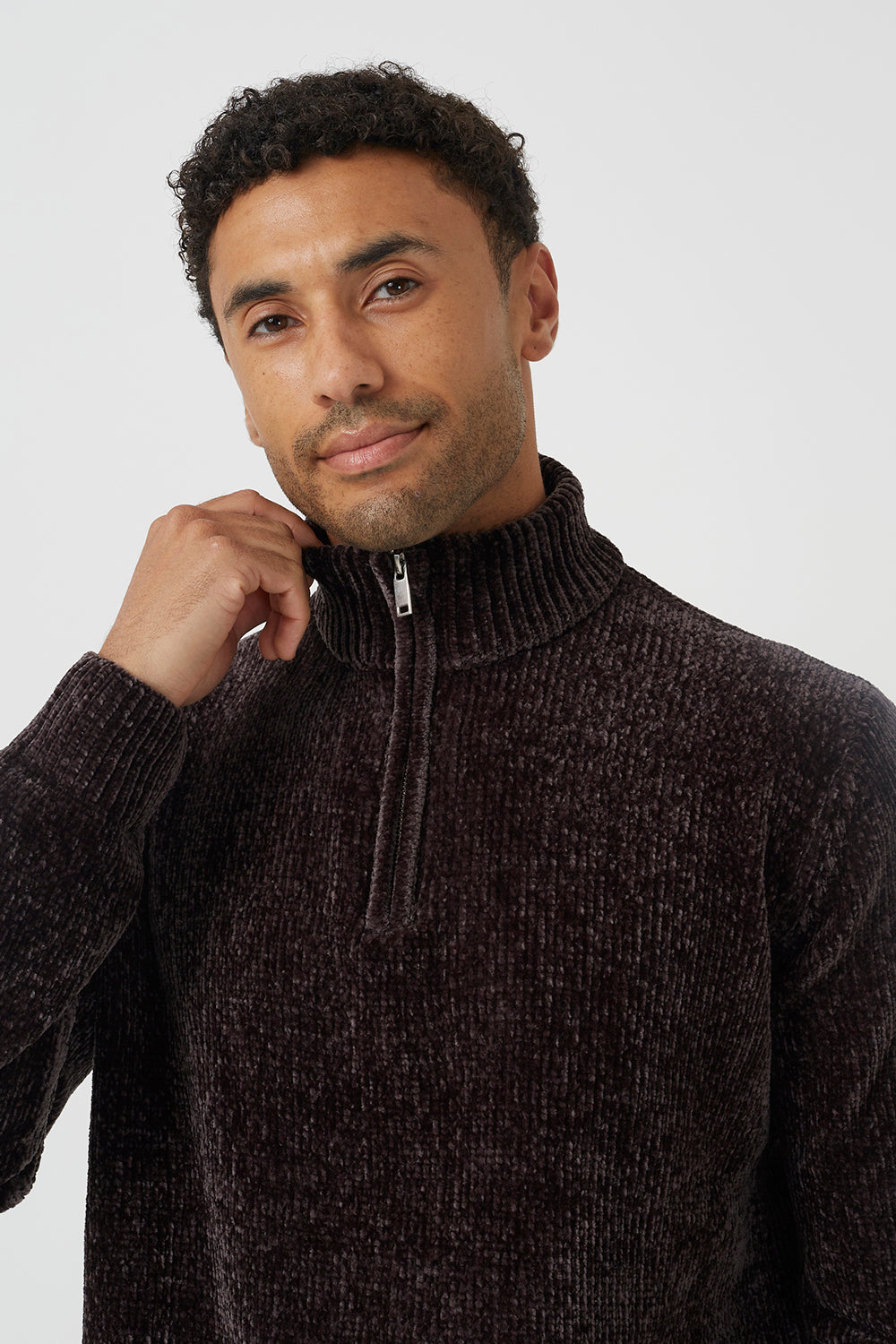 Brave Soul Chocolate Quarter Zip Chenille Knit Jumper - Chocolate Image 4