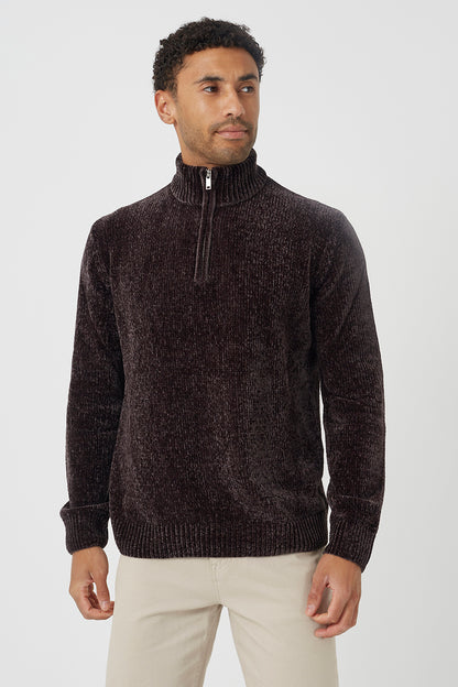 Brave Soul Chocolate Quarter Zip Chenille Knit Jumper - Chocolate Image 1