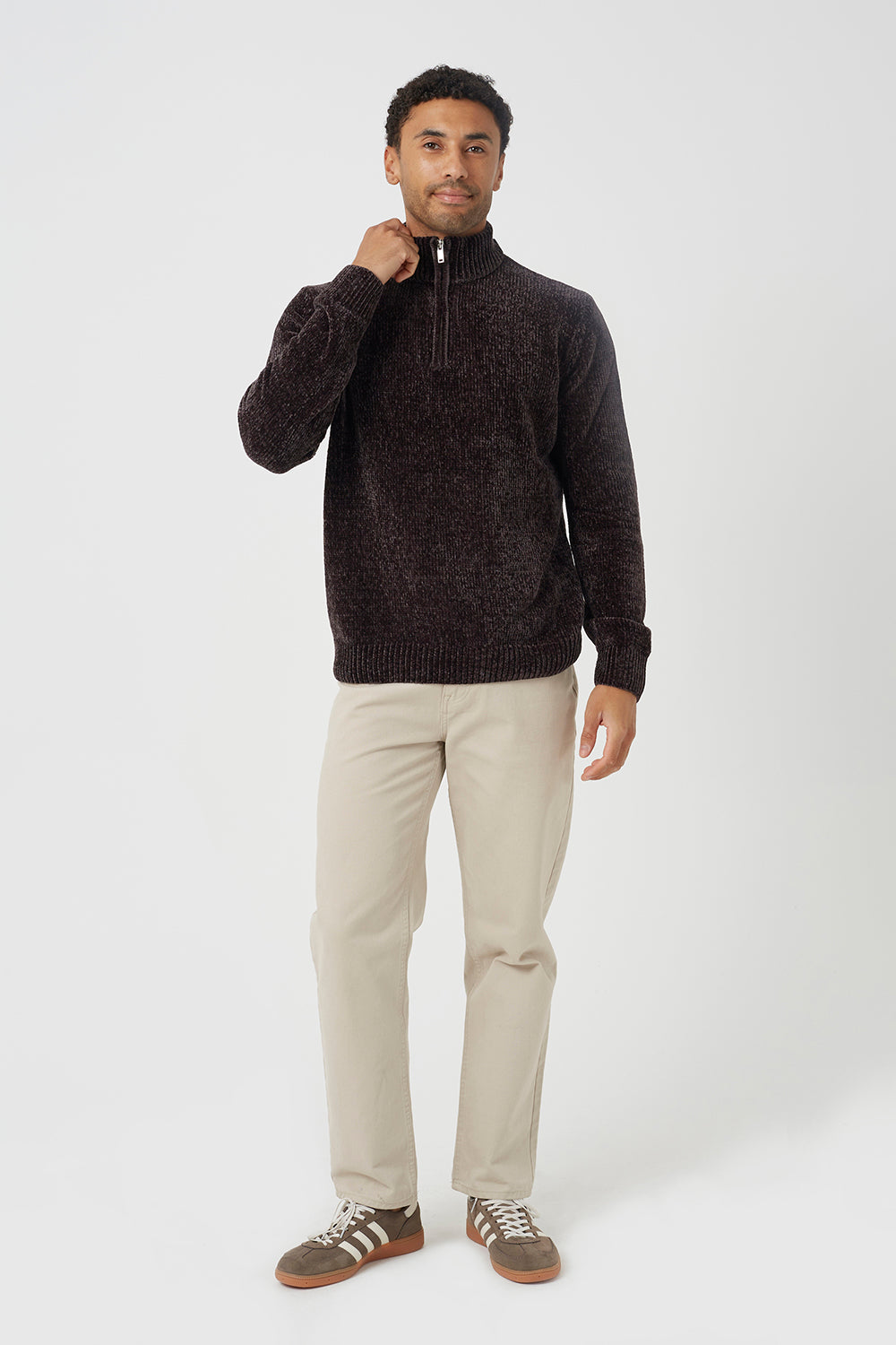 Brave Soul Chocolate Quarter Zip Chenille Knit Jumper - Chocolate Image 3
