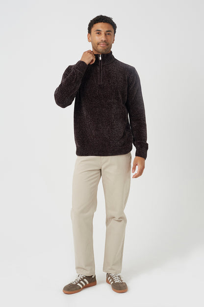 Brave Soul Chocolate Quarter Zip Chenille Knit Jumper - Chocolate Image 3