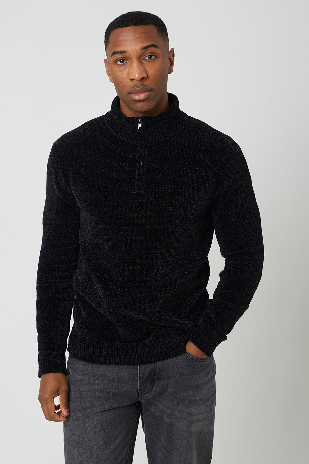 Brave Soul Black Quarter Zip Chenille Knit Jumper - Black Image 1