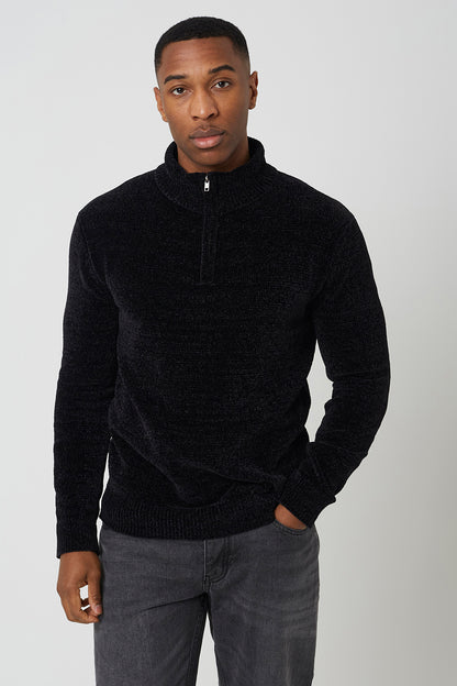 Brave Soul Black Quarter Zip Chenille Knit Jumper - Black Image 1