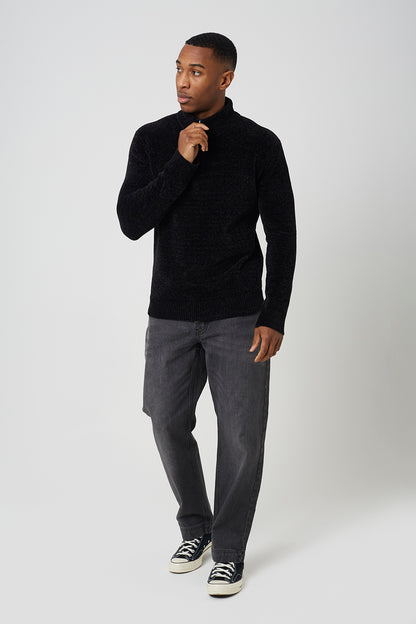 Brave Soul Black Quarter Zip Chenille Knit Jumper - Black Image 3
