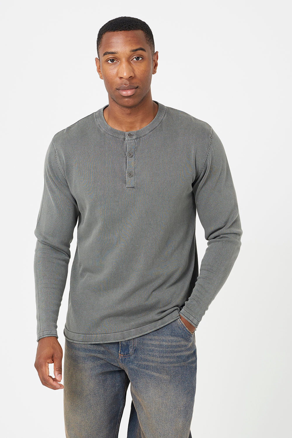 Brave Soul Grey Grandad Neck Knitted Jumper - Grey Image 1
