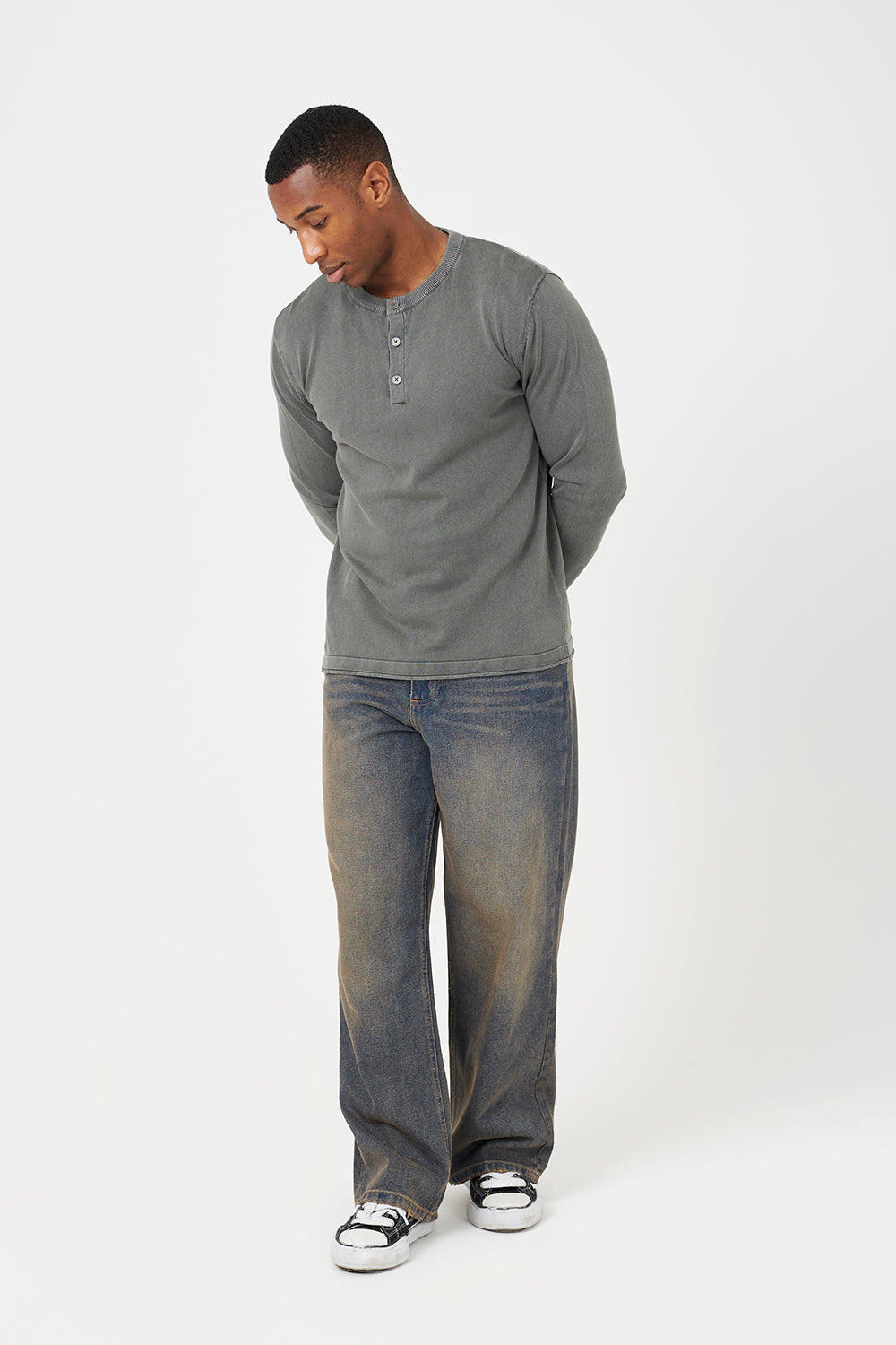 Brave Soul Grey Grandad Neck Knitted Jumper - Grey Image 2