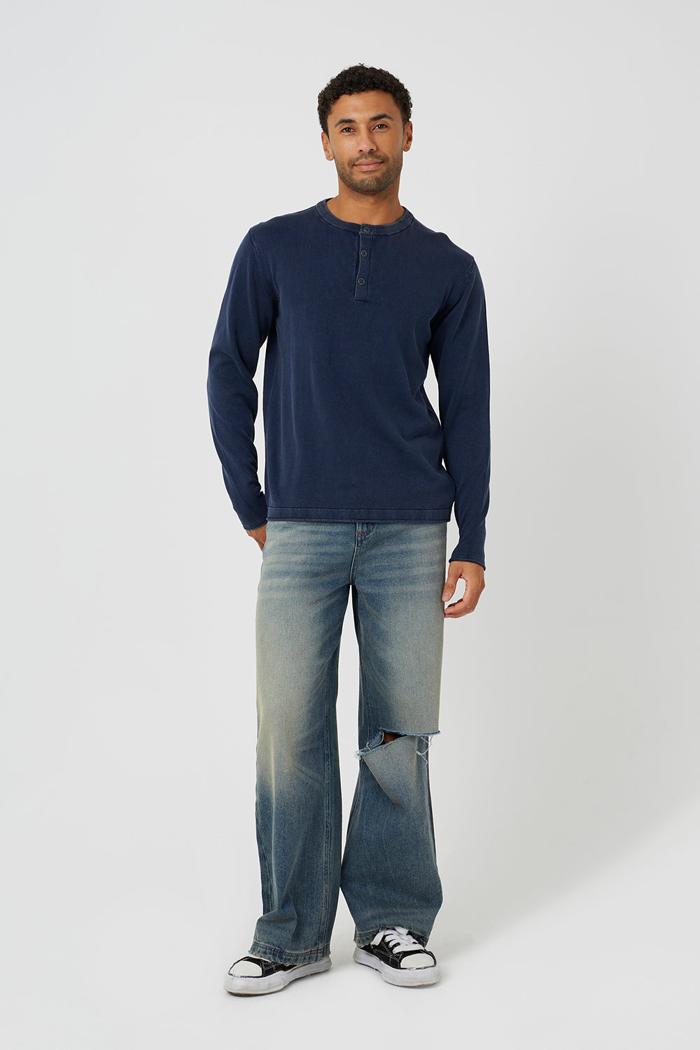 Brave Soul Blue Grandad Neck Knitted Jumper - Blue Image 3