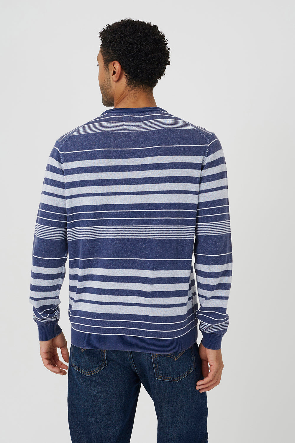 Brave Soul Blue Acid Wash Crew Neck Stripe Jumper - Blue Image 2