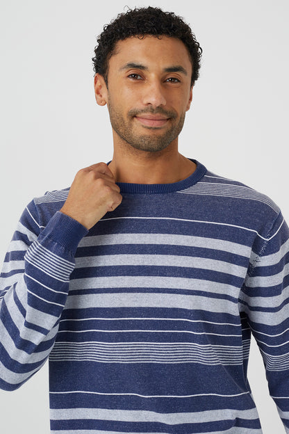 Brave Soul Blue Acid Wash Crew Neck Stripe Jumper - Blue Image 4
