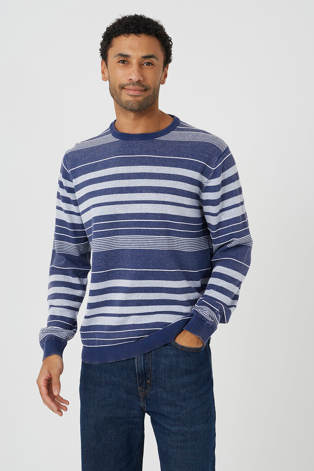 Brave Soul Blue Acid Wash Crew Neck Stripe Jumper - Blue Image 1