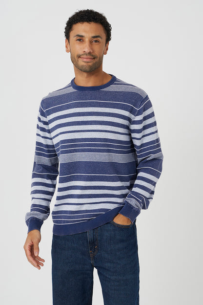 Brave Soul Blue Acid Wash Crew Neck Stripe Jumper - Blue Image 1