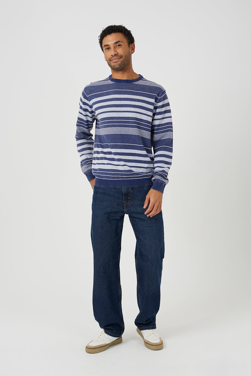 Brave Soul Blue Acid Wash Crew Neck Stripe Jumper - Blue Image 3