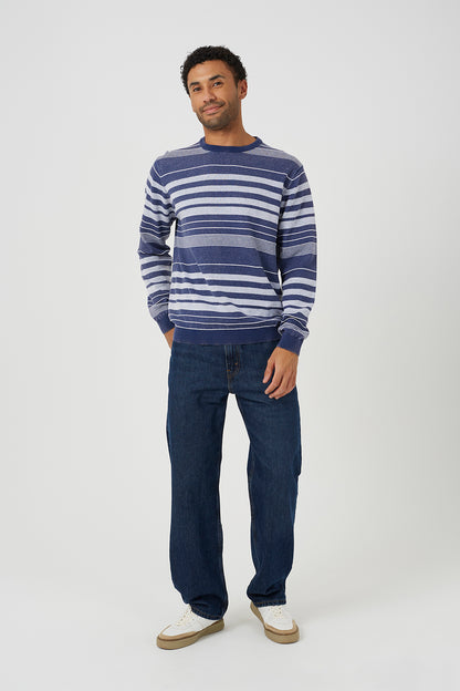 Brave Soul Blue Acid Wash Crew Neck Stripe Jumper - Blue Image 3