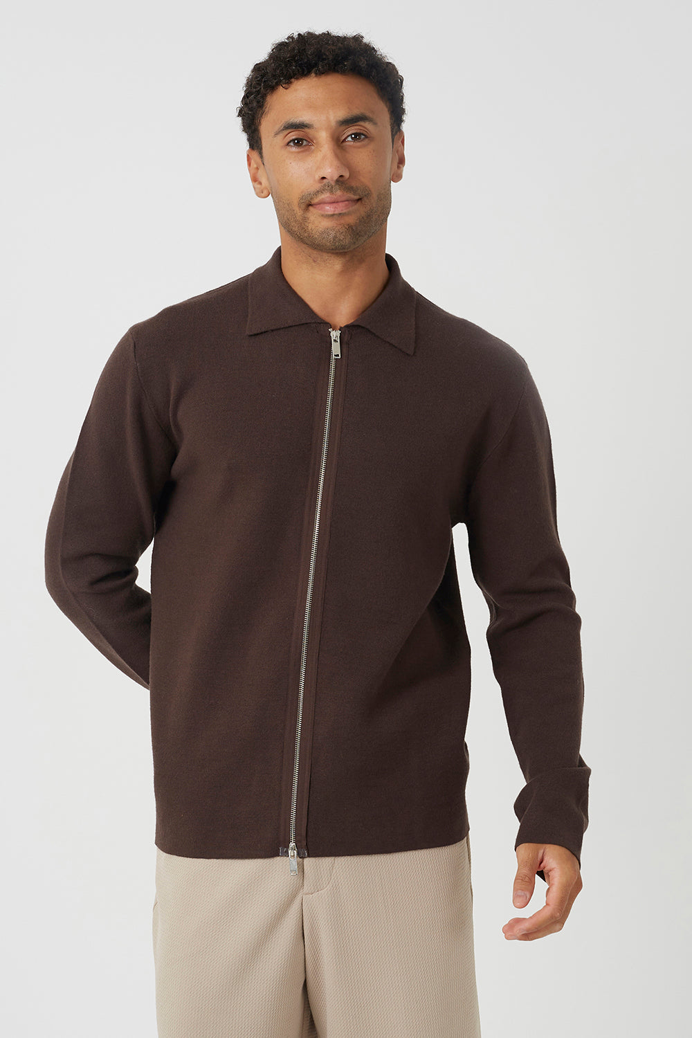 Brave Soul Chocolate Collared Zip Through Cardigan - Chocolate Image 1