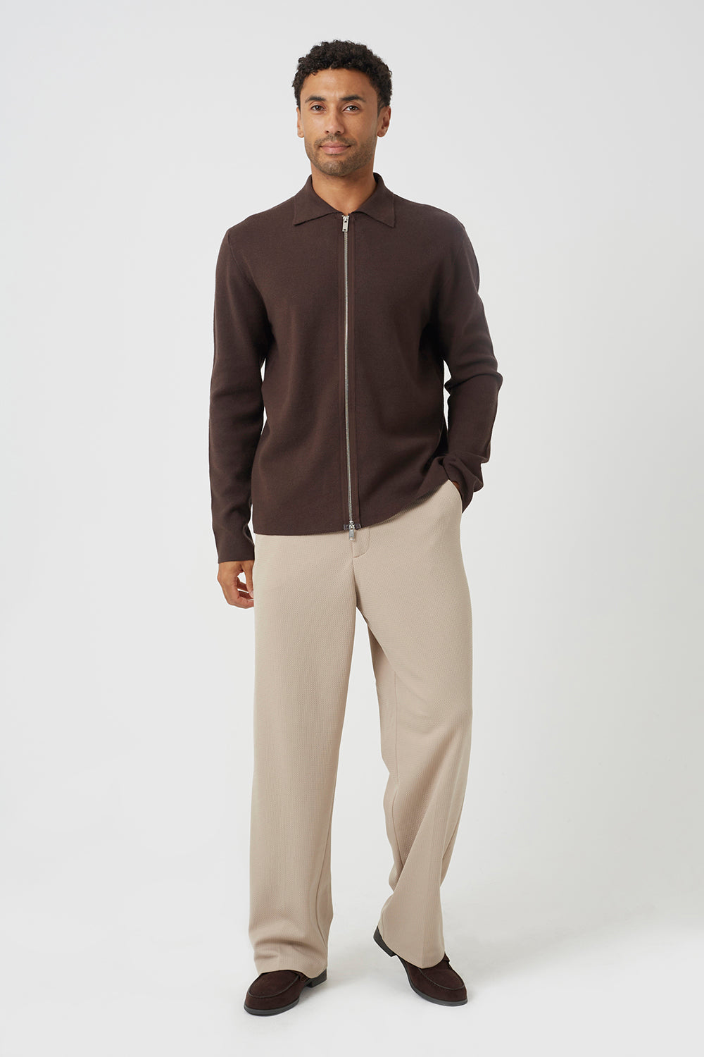 Brave Soul Chocolate Collared Zip Through Cardigan - Chocolate Image 3