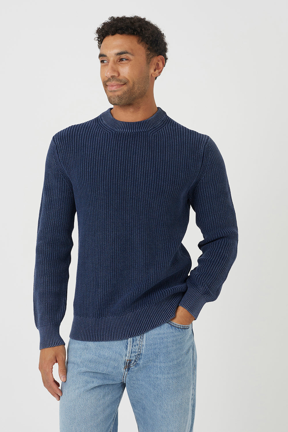 Brave Soul Blue Acid Wash Crew Neck Knitted Jumper - Blue Image 1
