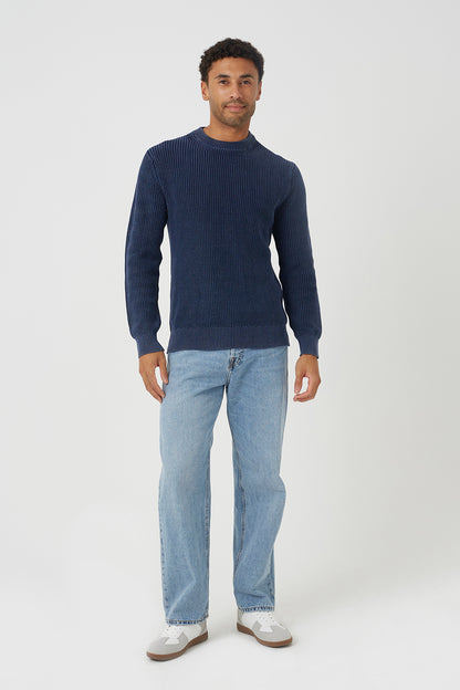 Brave Soul Blue Acid Wash Crew Neck Knitted Jumper - Blue Image 3
