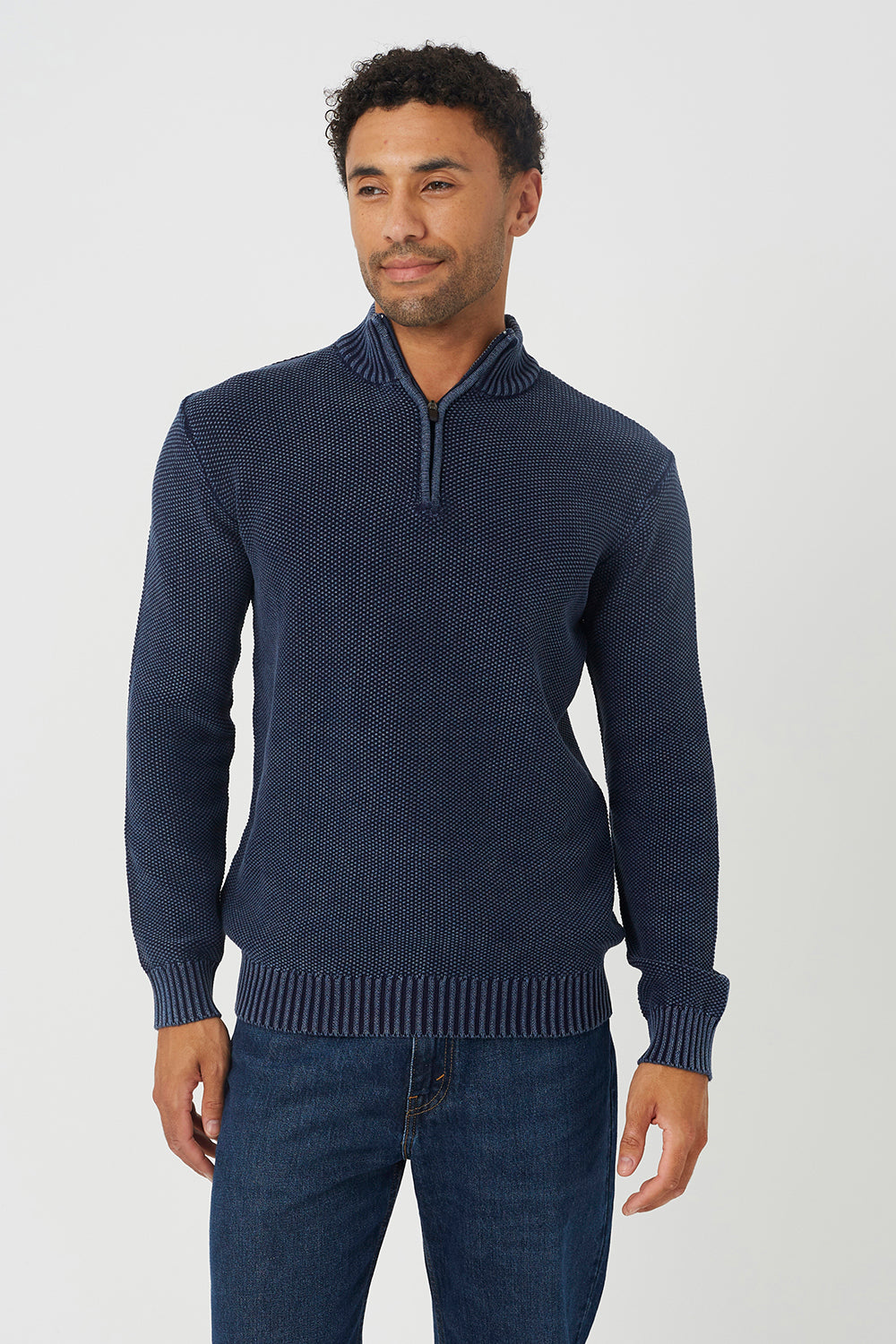 Brave Soul Blue Acid Wash Quarter Zip Jumper - Blue Image 1